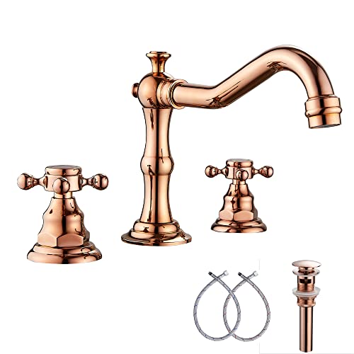 8-16 inch Two Handles 3 Holes Widespread Bathroom Sink Faucet Copper Basin Mixer Tap Faucet Matching Metal Pop Up Drain with Overflow - color: Copper, style: Metal Cover