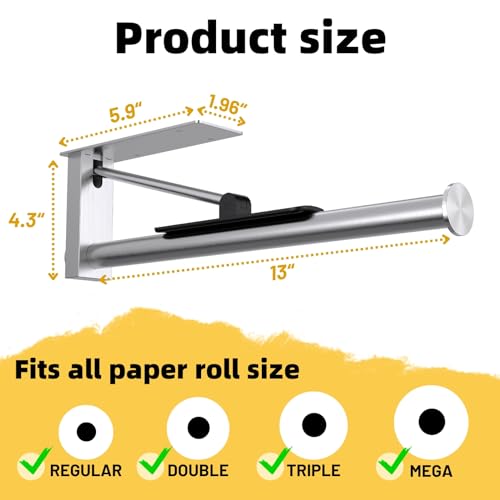 Under Cabinet Paper Towel Holder, One-Hand Tear Kitchen Paper Towel Holder | Stainless Steel Wall Mount Self Adhesive Paper Towel Rack with Tension Arm, Fits for First Apartment Essentials, Kitchen, RV - color: Sliver