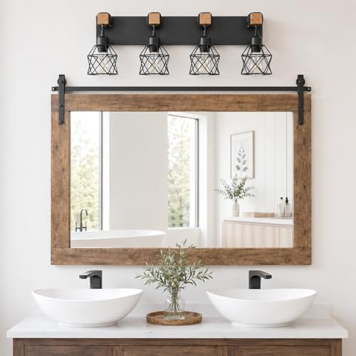 Farmhouse Vanity Light Fixture,4-Light Bathroom Lighting,Black Industrial Wood Wall Light Over Mirror with Metal Shade,LED Bulbs Not Included - color: Black, size: 4-Light-Wide 28"