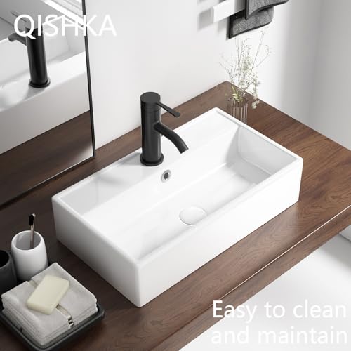 Wall Mount Rectangular Bathroom Sink, QISHKA 22"x12.4" Modern Ceramic Floating Vessel Sink, White Rectangle Vanity Sink with Overflow, Wall Hung Wash Hand Basin - size: 22" x 12.4" x 5.3"
