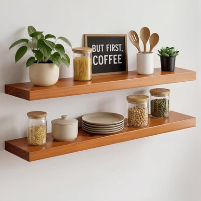 Oak Floating Shelves 30 inch Long, High End Solid Real Wood 30inch Floating Shelf for Wall Mounted, Honey Oak Wooden 30in Floating Shelves, Heavy Duty Bracket, 30 X 6.5 X 1.75 in, Set of 2 - color: Honey Oak - Warm Amber Tone, size: 30 inch