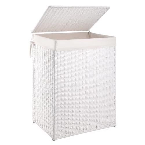 OIAHOMY Laundry Hamper with Lid, 90L(23.8 Gal) Large Wicker Laundry Basket for Bedroom, Handwoven Paper Rope Clothes Hamper with Washable Liner & Metal Frame, Decorative Organizer for Bathroom White - color: White, size: 90L