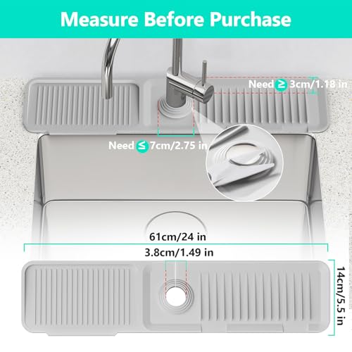 24 Inch Longer Faucet Mat for Kitchen Sink [5°Slope Fast Self-draining]Bathroom Kitchen Sink Splash Guard Silicone Sink Faucet Mat Splash Guard Kitchen Sink Area Tidy Splash Faucet Guard Draining Mat - color: Light Gray, size: 24" x 5.5"