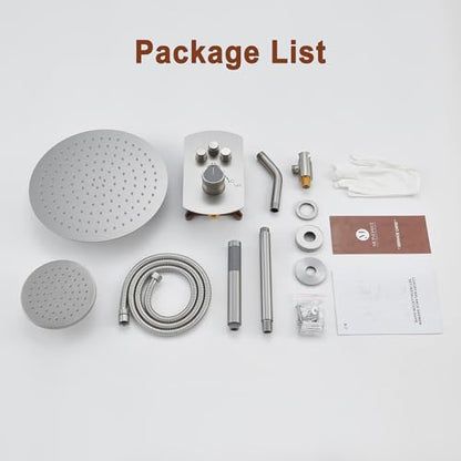 MONDAWE 12 Inch Ceiling Mounted Shower System in Brushed Nickel, 3-Function Shower Faucet Set with Rainfall Dual Shower Head and High Pressure Handheld Spray, All Function Can be Used At the Same Time - color: Brushed Nickel