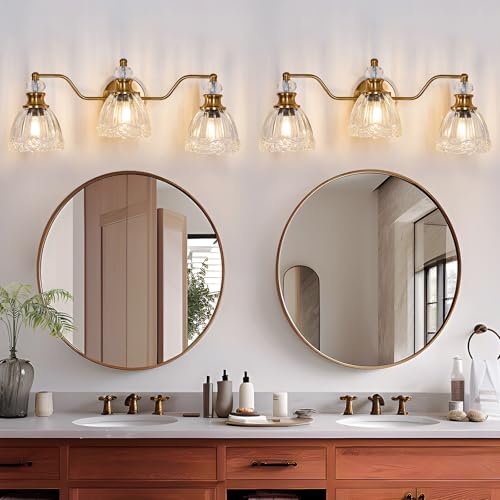 ASGYISA Lyfeesis Gold Bathroom Light Fixtures Over Mirror Vintage Brass Vanity Light 3 Light Crystal Glass Shade Matte Antique Brass Finish