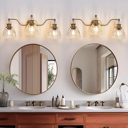 ASGYISA Lyfeesis Gold Bathroom Light Fixtures Over Mirror Vintage Brass Vanity Light 3 Light Crystal Glass Shade Matte Antique Brass Finish