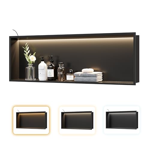 36"x12"Black LED Shower Niche,3 CCT Dimmable Light, No Tile Needed | 304 Stainless Steel Bathroom Niche w/ Light(3000K/4000K/6000K), IP66 Waterproof, Space Saving & Durable ,LED Driver Included - color: Matte Black, size: 36X12In