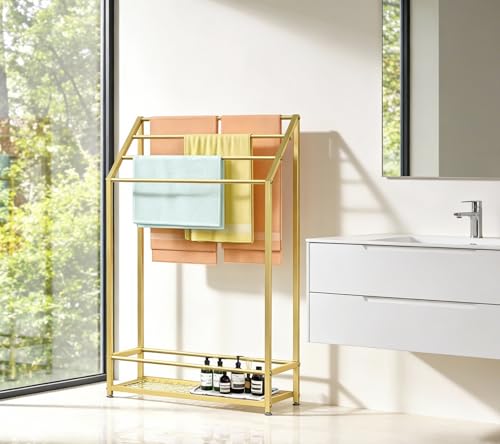 4-Tier Extra Wide Freestanding Towel Rack, Heavy-Duty Metal Towel Drying Stand for Bathroom, Poolside & Spa (Matte Gold, 27.6" Wide) - color: Matte Gold