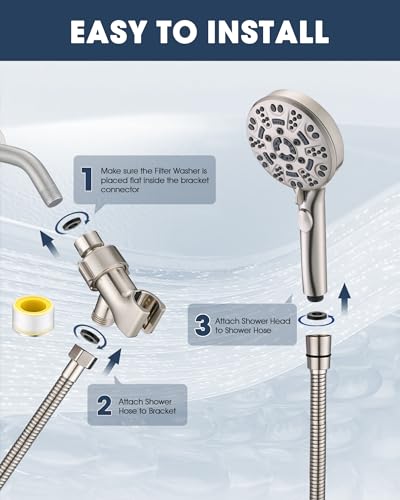 Handheld Shower Head with 6.56ft Extra Long Hose, On Off Switch 8-Seting High Preesure Hand Held Showerhead, Low-Reach Adhesive Holder for Kid, Disable& Elder (Brushed Nickel) - color: Brushed Nickel