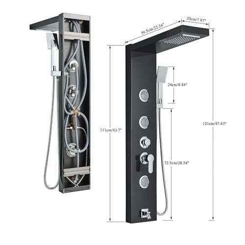AlenArt Shower Panel Tower System, Multi Function Shower System with Body Jets, Handheld Sprayer, Rainfall Waterfall Shower Head and Tub Spout Stainless Steel Wall Mount Shower Panels Black - color: Black