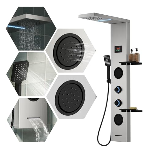 5 in 1 Brushed Nickel Rainfall Shower Panel Tower System With Storage Shelf | Stainless Steel Shower Tower with Rainfall Shower Handheld and Tub Spout Powerful Body Jets Shower Panel Set by BATHLAVISH - color: Brushed Nickel