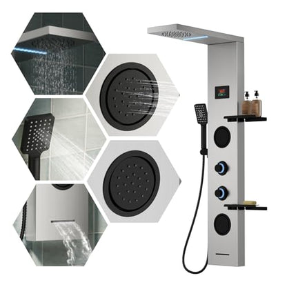5 in 1 Brushed Nickel Rainfall Shower Panel Tower System With Storage Shelf | Stainless Steel Shower Tower with Rainfall Shower Handheld and Tub Spout Powerful Body Jets Shower Panel Set by BATHLAVISH - color: Brushed Nickel