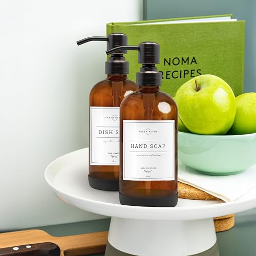 Vine Creations Amber Glass Soap Dispenser, 2 Pack Kitchen Soap Dispenser Set with Stainless Steel Pump, 16 oz Dish Soap and Hand Soap Dispensers for Bathroom with Waterproof Labels - color: Amber Bottle / Round Oil Rubbed Bronze Pump