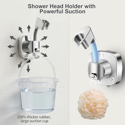 2 Pcs Shower Head Holder Suction Cup, 360° Adjustable Hand Held Shower Head Holder Wall Mount, Removable No Drill Tool Free Installation in Seconds