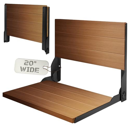 Folding Shower Seat 20'', Large Teak Shower Seat, Folding Shower Bench, Wall Mount Foldable Chair, 500 lbs Capacity, Stainless Steel, Black - color: Black