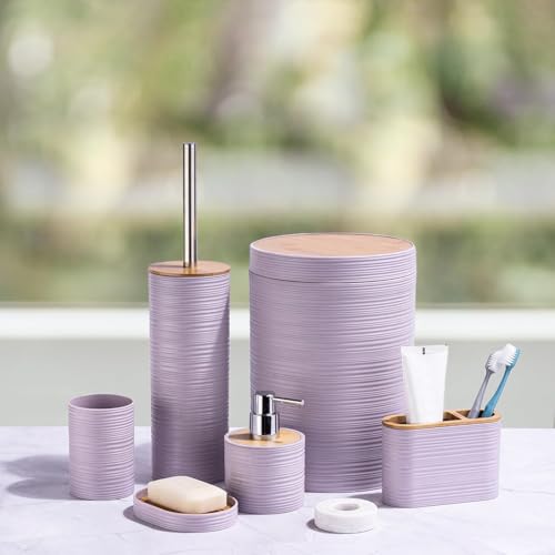 CERBIOR Bamboo Bathroom Accessories Set 6 Piece Spiral Bath Ensemble,Purple | Includes Soap Dispenser, Toothbrush Holder, Toothbrush Cup, Soap Dish for Decorative Countertop and Housewarming Gift - style: Purple