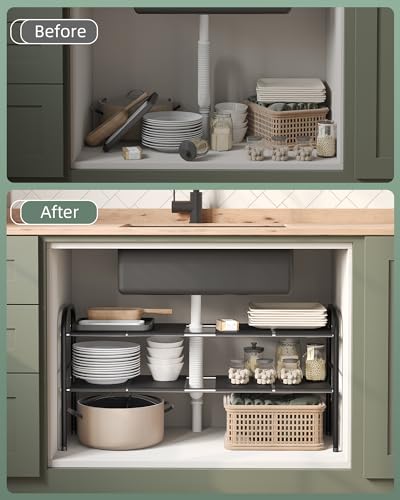Under Sink Organizers and Storage,Expandable under cabinet organizer Shelf | 2 tier expandable shelf for kitchen and bathroom,shoe rack,8 Removable ABS Panels,Adjustable partition height,20.6-32.2" W - size: 8 Panels