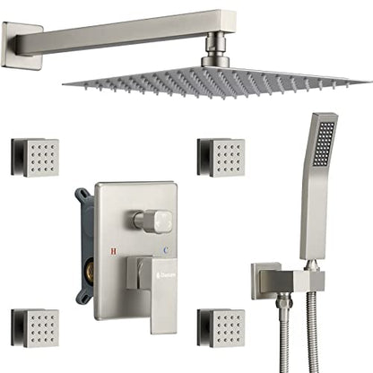 Full Body Rain Shower System with 4 Body Shower Jets & 12" Wall Mount Rainfall Shower Head & Handheld, DASAN Multi Shower Head System Brushed Nickel Rain Shower Faucets sets Combo with Rough-in Valve - color: Brushed Nickel