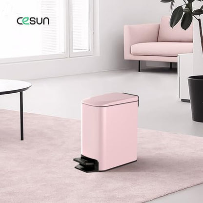 Cesun Small Bathroom Trash Can with Lid, 1.6 Gal, Soft Close, Pink | Step pedal soft close, Slim 5.9in fits narrow spaces, Stainless steel, Anti-fingerprint, Removable inner bucket, Odor seal - color: Pink