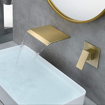 DASAN Wall Mount Waterfall Bathroom Faucet Brushed Gold in Wall Sink Faucet, Single Handle Wall Mounted Modern Faucet for Bathroom with Upgraded Rough in Valve, DA-TFD3BG-NH - color: Brushed Gold