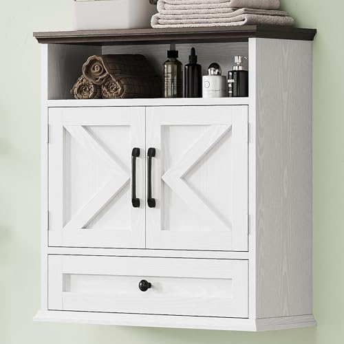 Bathroom Wall Cabinet, Wall Mounted Medicine Cabinet 24.4"H x 23.6"W x 9"D | With Drawer, Barn Doors & Adjustable Shelf, White Over Toilet Farmhouse Storage Cabinet for Kitchen, Laundry Room, Entryway - color: White