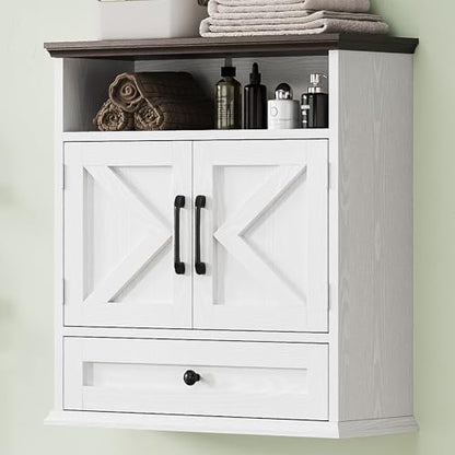 Bathroom Wall Cabinet, Wall Mounted Medicine Cabinet 24.4"H x 23.6"W x 9"D | With Drawer, Barn Doors & Adjustable Shelf, White Over Toilet Farmhouse Storage Cabinet for Kitchen, Laundry Room, Entryway - color: White