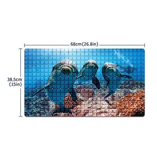 Bath Tub Mat Non Slip Shower Mat Three Dolphins Swiming in The Sea Extra Long Bathtub Mat 26.8x15 inches Bathroom Bath Mat with Suction Cups Drain Holes Machine Washable - color: Three Dolphins Swiming in the Sea