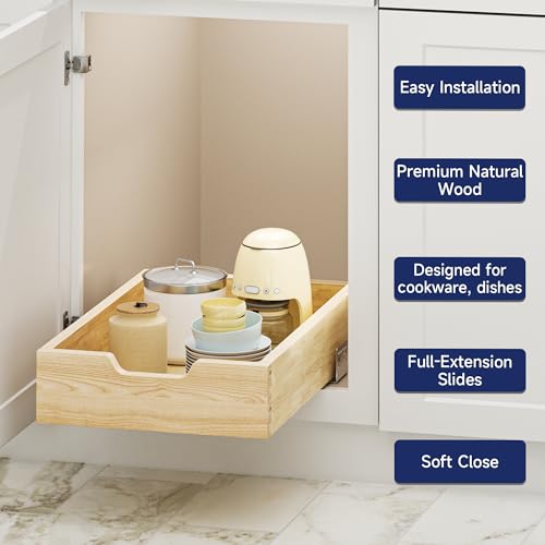 Pull Out Cabinet Organizer, 13.5 in W x 21 in D Solid Wood Slide Out Drawer, Soft Close Sliding Shelf, Bottom or Side Mount for Kitchen Pantry Bathroom, Fits 14.5 in Cabinet Opening - size: 13½” W × 4"H x 21” D