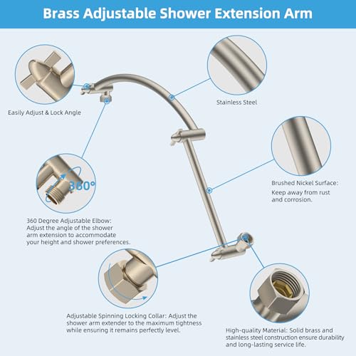 Hibbent All Metal 20'' Shower Head Extension Arm, Brushed Nickel | Solid Brass Adjustable Shower Arm with Lock Joint, Flexible Height & Angle, Universal Connection Shower Head Extender - color: Brushed Nickel, size: 20 Inch