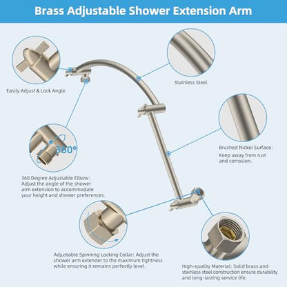 Hibbent All Metal 20'' Shower Head Extension Arm, Brushed Nickel | Solid Brass Adjustable Shower Arm with Lock Joint, Flexible Height & Angle, Universal Connection Shower Head Extender - color: Brushed Nickel, size: 20 Inch