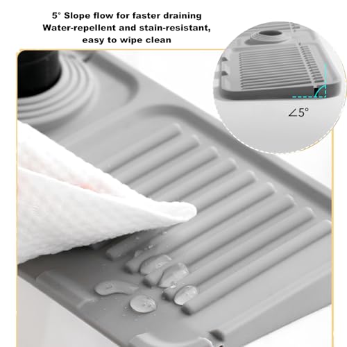 Faucet Mat for Kitchen Sink,Bathroom Kitchen Sink Splash Guard Silicone,5° Slope Type Design Sink Mat,Sponge Holder and Bathroom Countertop Protect(Include 1pcs Extra Storage mat)
