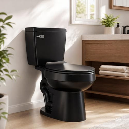 ELLAI Two Piece Elongated Toilets ADA Chair Comfort Height 17.24" Powerful Single Flush 1.28 GPF 12” Rough In with Side Trip Lever, Glossy Black 28.3"x17.2“x31"