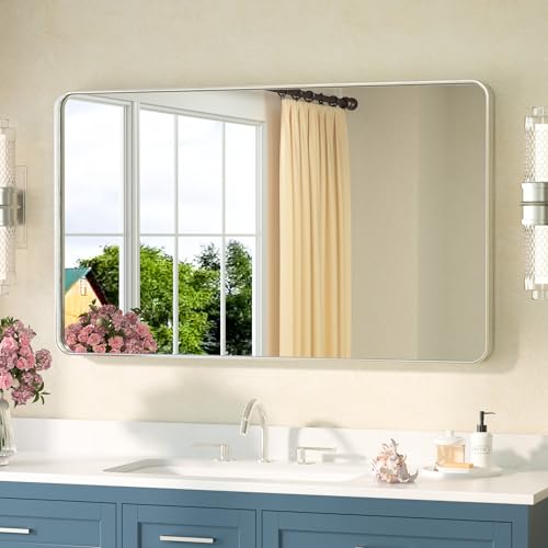 TETOTE Brushed Nickel Bathroom Mirror 40 x 24 Inch Brushed Nickel Metal Framed Bathroom Mirror, Tempered Glass, Modern Farmhouse Wall Mounted Mirror for Decorative(Horizontal/Vertical) - color: Brushed Nickel, size: 24"L x 40"W