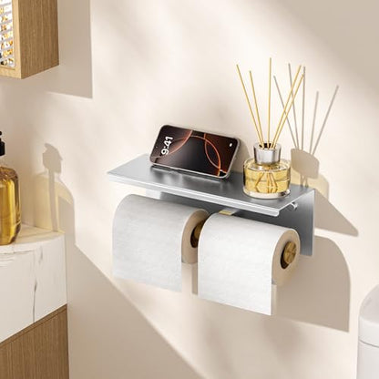 FORIOUS Toilet Paper Holder with Shelf, Commercial Toilet Paper Dispensers | Stainless Steel & Gold | Wall Mount Bathroom Tissue Holder | SUS304 Stainless Steel Rustproof | Double Tissue Roll Holder - color: Stainless Steel & Brushed Gold