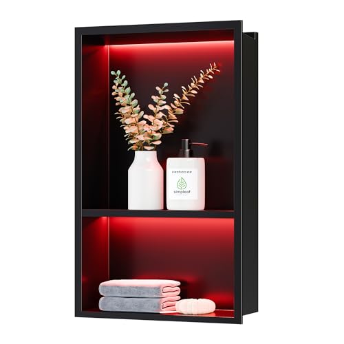 2-Tiers 12x18Inch Wall Niche with RGB LED Light Strips, Matte Black Shower Niche Cabinet, Stainless Steel Bathroom Shelf, NO Tile Needed Recessed Storage Organizer - color: Matte Black, size: 12X18In