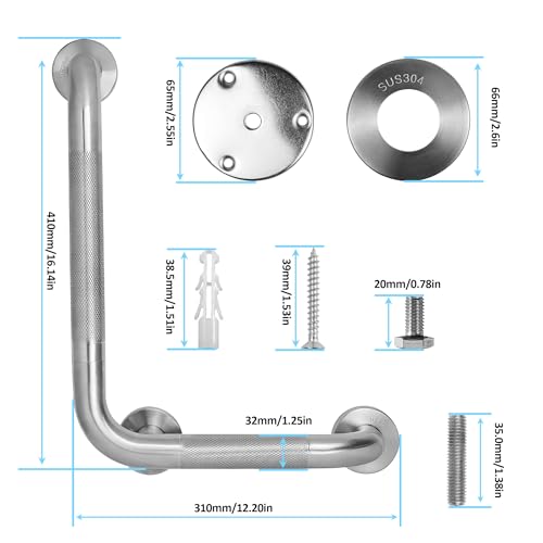 Angled Shower Grab Bar, 12x16 Inch Stainless Steel Bathroom Grab Bar, 1.25" Diameter L-Shaped Brushed Nickel Grab Bars for Bathtubs and Showers, Handicap Shower Grab Bar for Seniors Elderly - size: 12x16 Inch