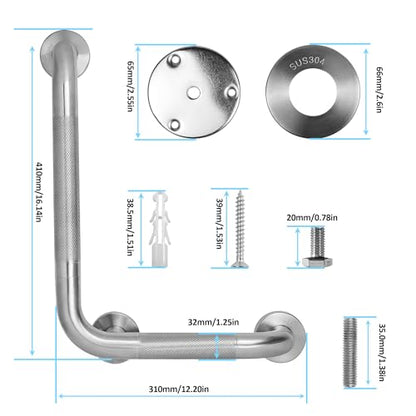 Angled Shower Grab Bar, 12x16 Inch Stainless Steel Bathroom Grab Bar, 1.25" Diameter L-Shaped Brushed Nickel Grab Bars for Bathtubs and Showers, Handicap Shower Grab Bar for Seniors Elderly - size: 12x16 Inch
