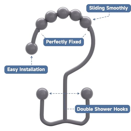 Titanker Shower Curtain Hooks Rings, Rust-Resistant Metal Double Glide Shower Hooks for Bathroom Shower Rods Curtains, Set of 12 Hooks - Neutral Gray - color: Neutral Gray, style: Modern