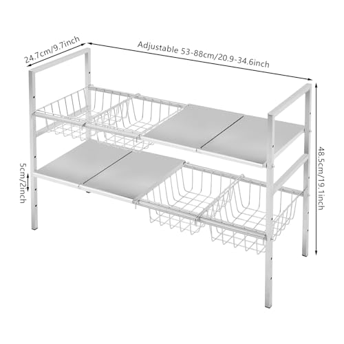 2-Tier Under Sink Organizer, Adjustable 20.9-34.6 Inch, Stainless Steel Cabinet Shelf with 4 Baskets, Cream White (Silver) - color: Silver
