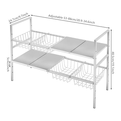 2-Tier Under Sink Organizer, Adjustable 20.9-34.6 Inch, Stainless Steel Cabinet Shelf with 4 Baskets, Cream White (Silver) - color: Silver