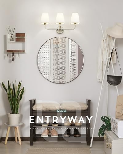 Bathroom Light Fixtures, Brushed Nickel Vanity Lights with Flared White Fabric Shade, 3 Light Wall Sconce, Modern Sconces Wall Lighting for Hallway Bedroom, VL837-BN-3 | 24.5" bathroom light fixtures over mirror, upward only, E26 base, bulbs not included,