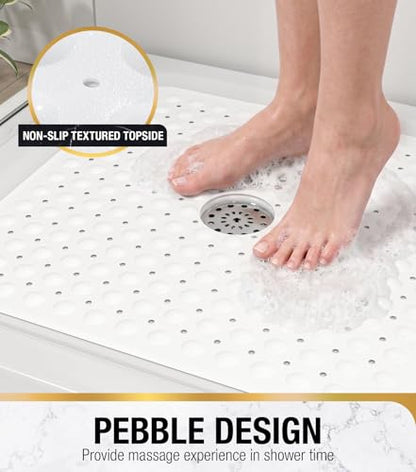 HITSLAM Square Shower Mat, Non Slip PVC Stall Mat, 24"x24", White | Power Grip Suction Cups, Center Drain Hole, Built-In Hanging Holes, Machine Washable Bathroom Floor Mat, Soft On Feet - color: Pure White
