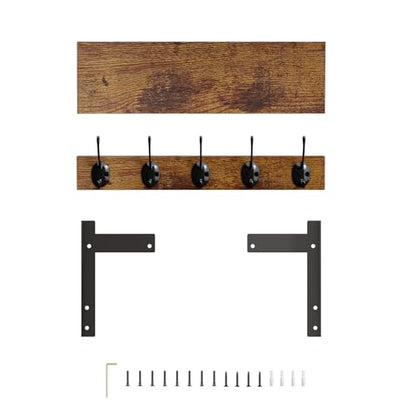 Wall Hooks with Shelf, Wood Coat Rack with Shelf Wall-Mounted, Entryway Hanging Shelves with 5 Metal Hooks for Clothes Hats Towel Purse Robes, Bathroom Mudroom Bedroom, Rustic Brown - size: 16 inch Long