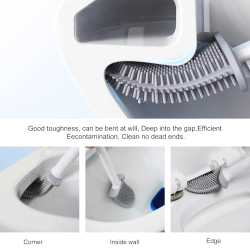 RV Silicone Toilet Brush with Holder, Drill-Free Wall Mounted Toilet Bowl Cleaner, Anti-Drip Anti-Roll Compact Brush for RV Camper & Small Bathroom (White 2pc) - color: White 2pc