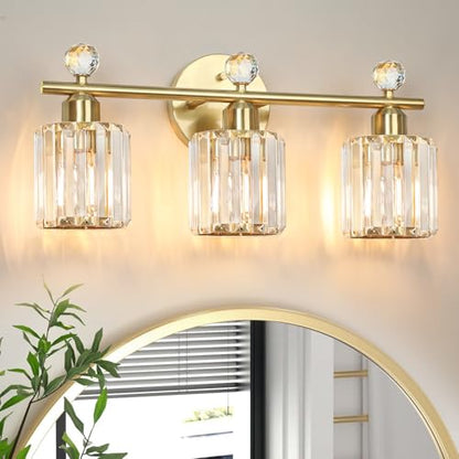 3-Light Gold Bathroom Light Fixtures | Modern K9 Crystal Vanity Lights, Wall Sconce, Stainless Steel Base, Elegant Bathroom & Bedroom Lighting - color: Gold, size: Round-3-Light