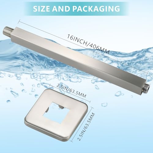 Ceiling Mounted Shower Arm with Flange, Universal Connection 1/2 NPT Straight, Made of Thicken Stainless Steel, Square Extension Arm for Fixed Rain Shower Head(16 Inch,Brushed Nickel) - color: Brushed Nickel, style: 16 Inch
