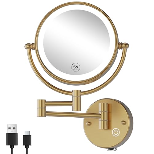 8" Rechargeable Brass 1X/5X Makeup Magnifying Mirror Wall Mount with Light, Upgraded 3-Colors Bright LED Touch Dimmable Extended Arm 360 Rotation for Bathroom, Brushed Modern Brass - color: Brushed Moderne Brass