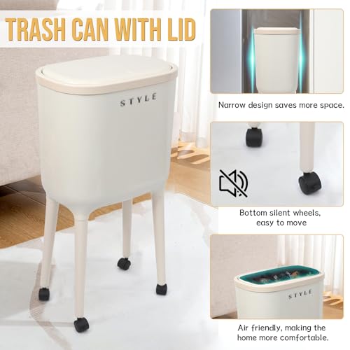 XPIY 4 Gallon Trash Can with Wheels and Lid, Modern Narrow Garbage Can with Raised Legs, Space-Saving Rolling Dog-Proof Trash Bin for Bathroom, Kitchen, Bedroom, Office (1, White-1) - color: White-1