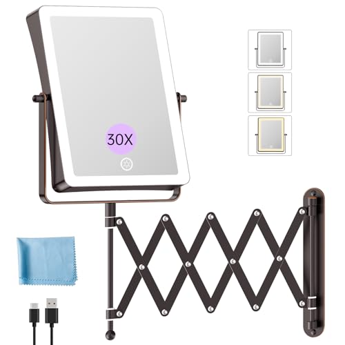 FASCINATE 8.7" 5000mAh Rechargeable Wall Mounted Makeup Mirror (Bronze) | Double Sided Touch Switch 1X 30X Magnifying Bathroom Mirror, 3 Color Lights Dimmable Extended Arm 360°Rotation - color: Bronze B