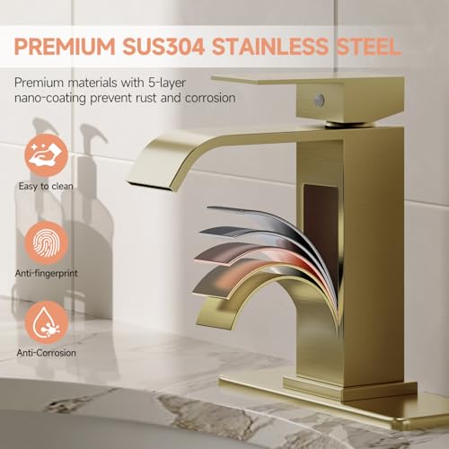 Brushed Gold Bathroom Faucets Evolvegoods Modern Waterfall Bathroom Faucet | Single Handle 1 or 3 Hole Bathroom Sink Faucet RV Mixer Tap Vanity Faucet with Deck Plate Pop-up Drain and Supply Lines - color: Brushed Gold